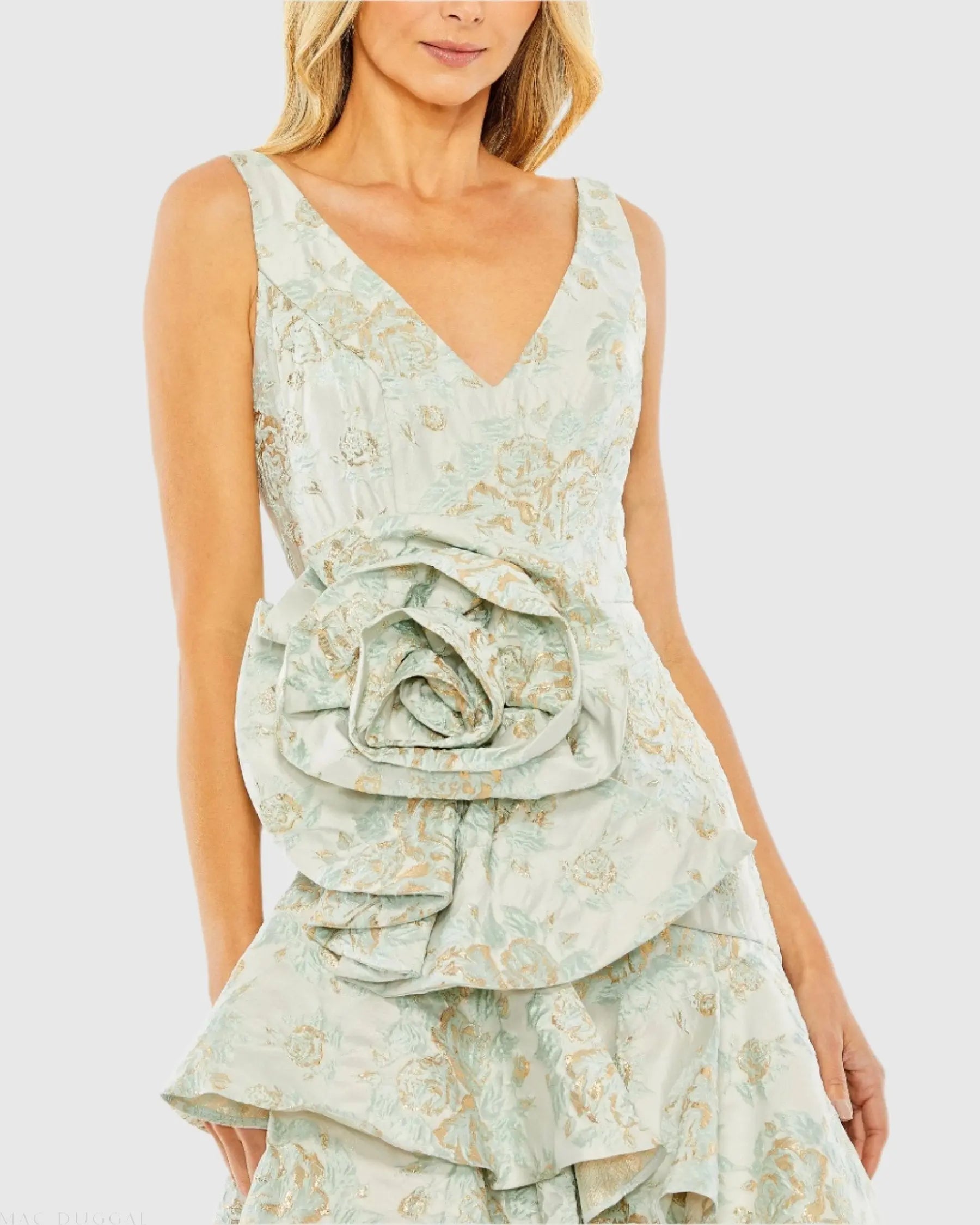 Green Floral Brocade Asymmetrical Hem Dress with Rosette - FINAL SALE