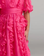 Girls Pink Chiffon High Neck Ruffle Dress