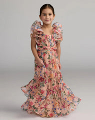 Girls Pink Floral Chiffon Ruffle Shoulder Dress