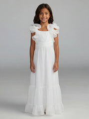 Girls White Chiffon Ruffle Shoulder Long Dress