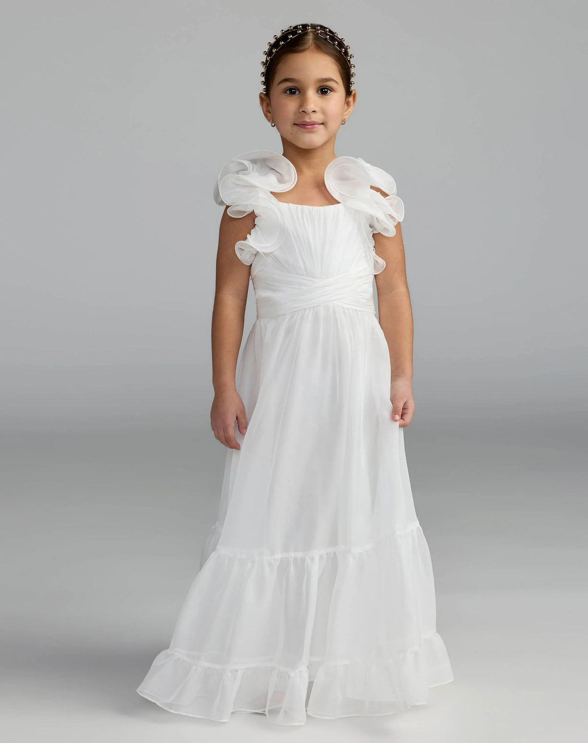 Girls White Chiffon Ruffle Shoulder Long Dress