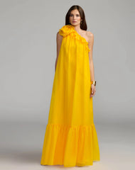 Yellow One Shoulder Chiffon Gown With 3D Rosette