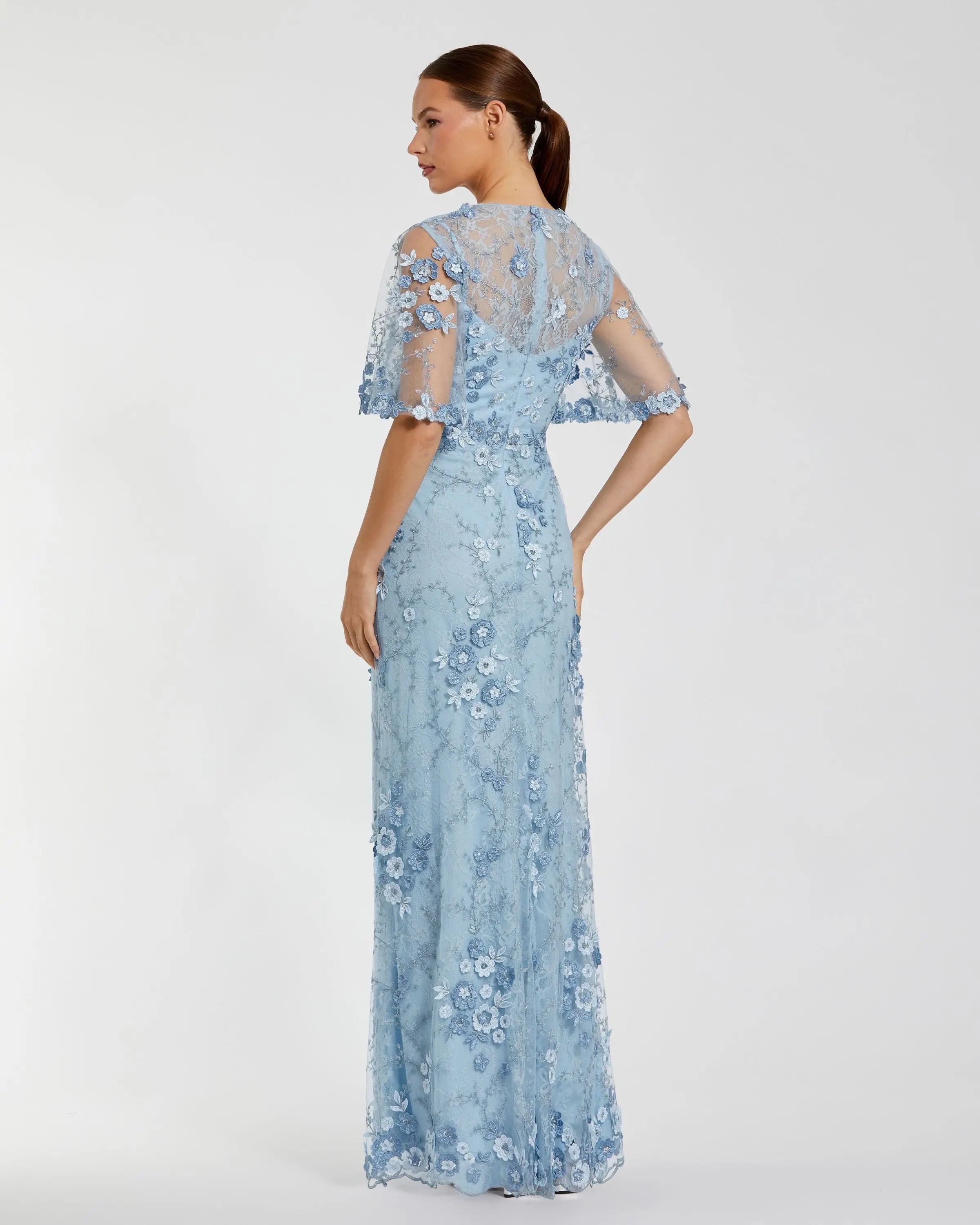 Blue Flutter Sleeve Floral Embroidered Net Gown
