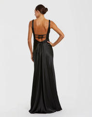 Black Sleeveless V Neck Satin Gown With Bow Details