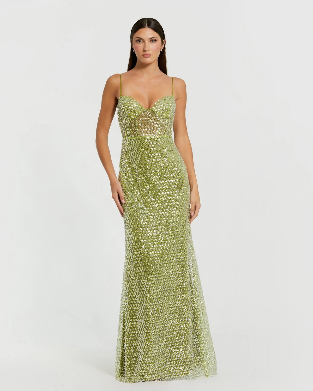 Green Embellished Bustier Column Gown