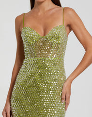 Green Embellished Bustier Column Gown