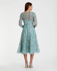 Blue Embellished Long Sleeve V-Neck Midi Dress