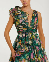 Green Sleeveless V-Neck Floral Chiffon Ruffle Ball Gown