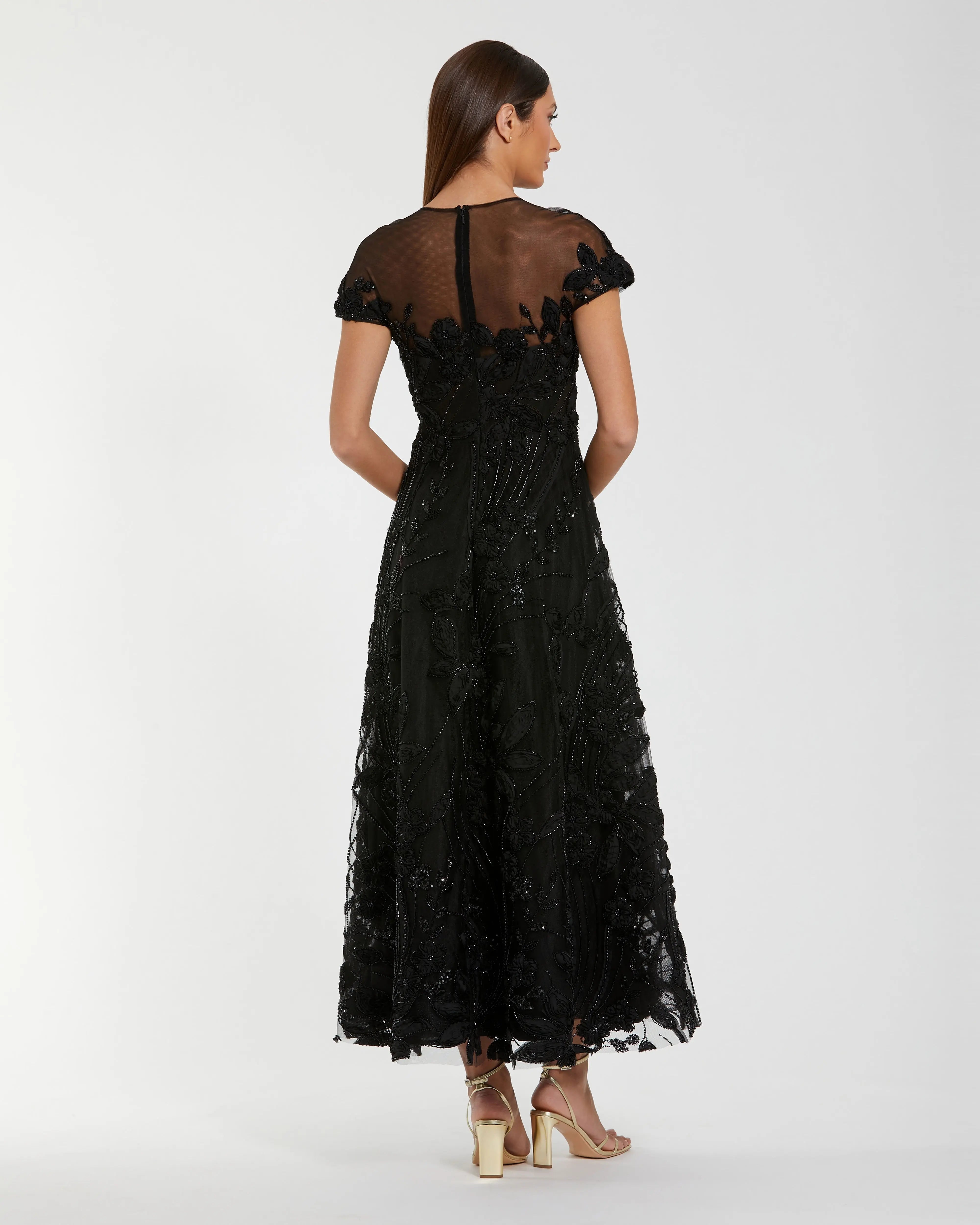 Black Embellished Lace Illusion Neck A-Line Cocktail Dress