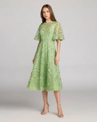 Green Flutter Sleeve Embroidered Midi Dress