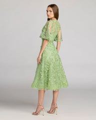 Green Flutter Sleeve Embroidered Midi Dress