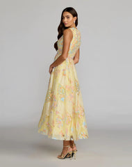 Yellow Sleeveless Embroidered A-Line Midi Dress