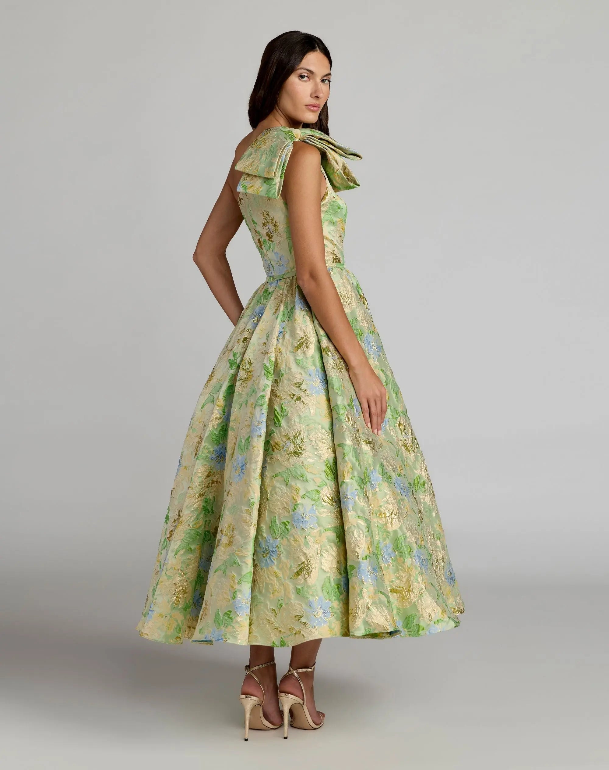 Green One Shoulder Brocade Midi Dress With Bow Detail
