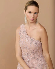 Pink Embellished Lace One Shoulder Feather Gown