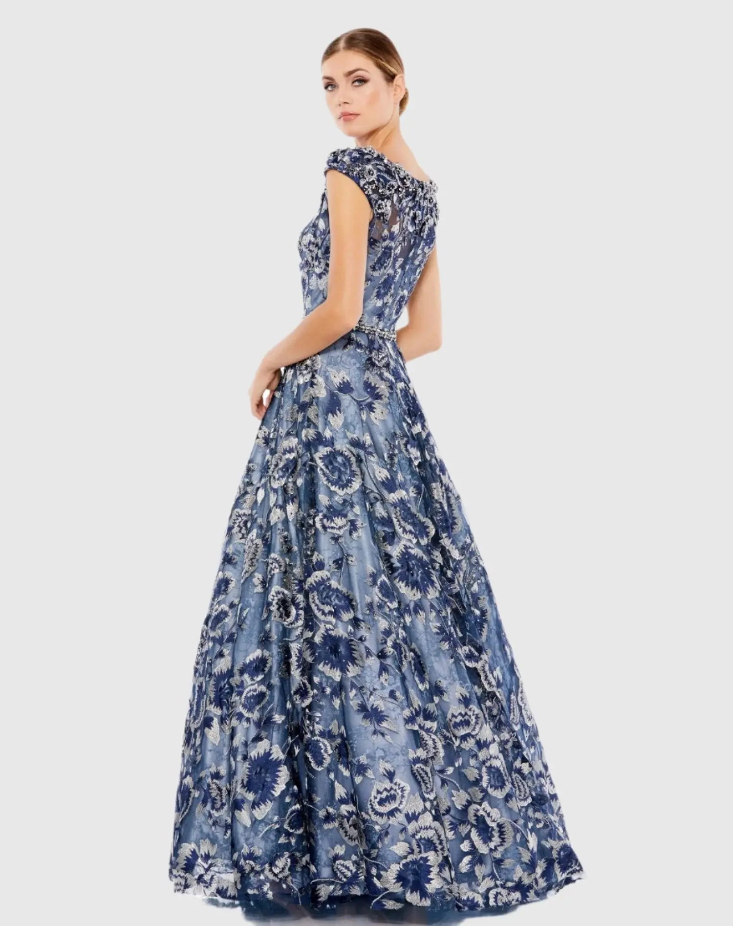 Blue Embellished Cap Sleeve High Neck Ball Gown