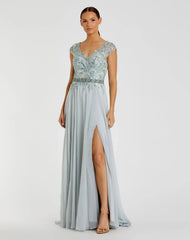 Blue Embellished Chiffon Cap Sleeve A-Line Gown