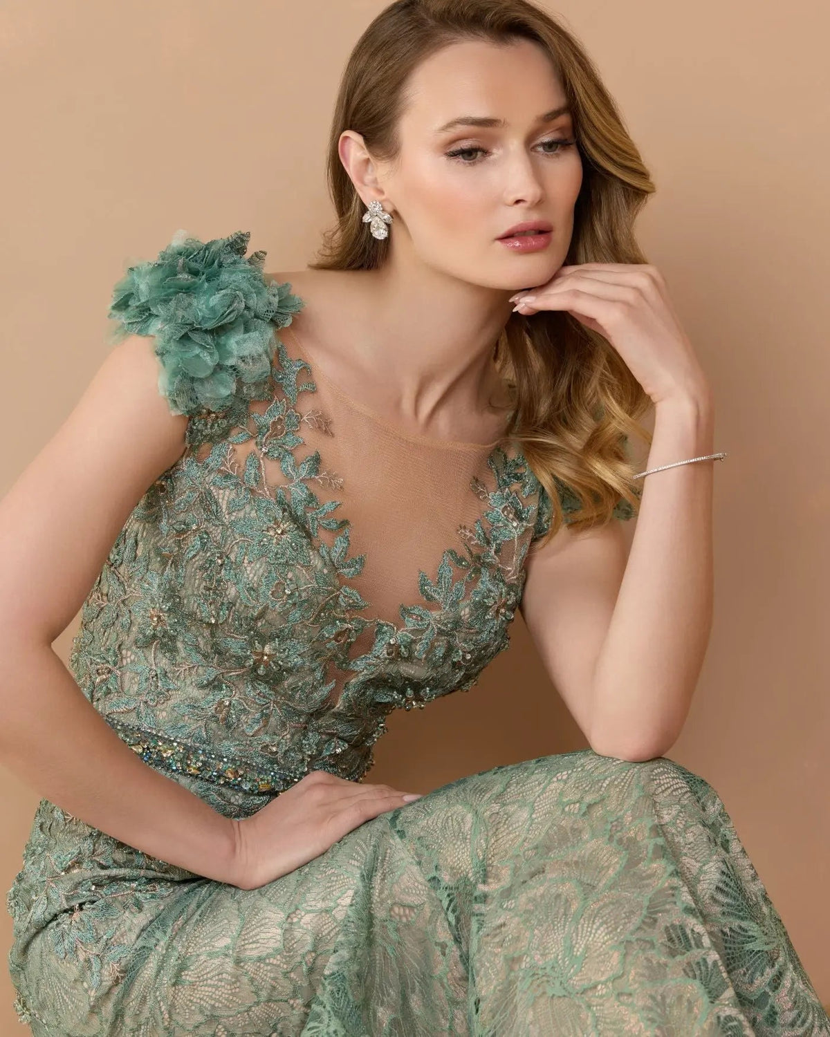 Green Embellished Lace Illusion Neck Gown With 3D Flowers