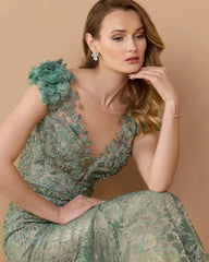 Green Embellished Lace Illusion Neck Gown With 3D Flowers