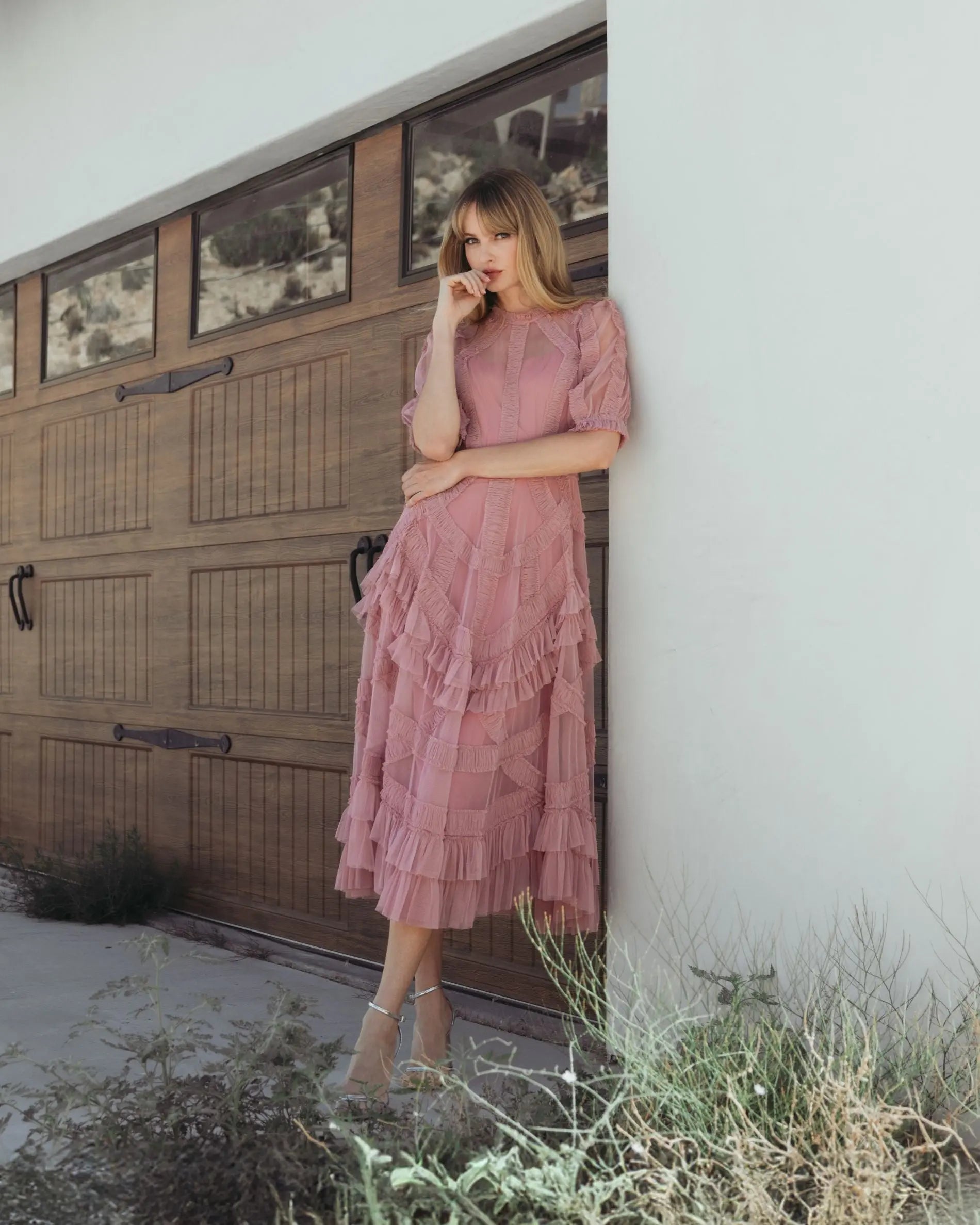 Pink High Neck Ruffle Tiered A-Line Midi Dress