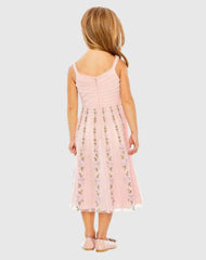 Girls Pink Ruffle Floral Embroidered Detail Mini Dress