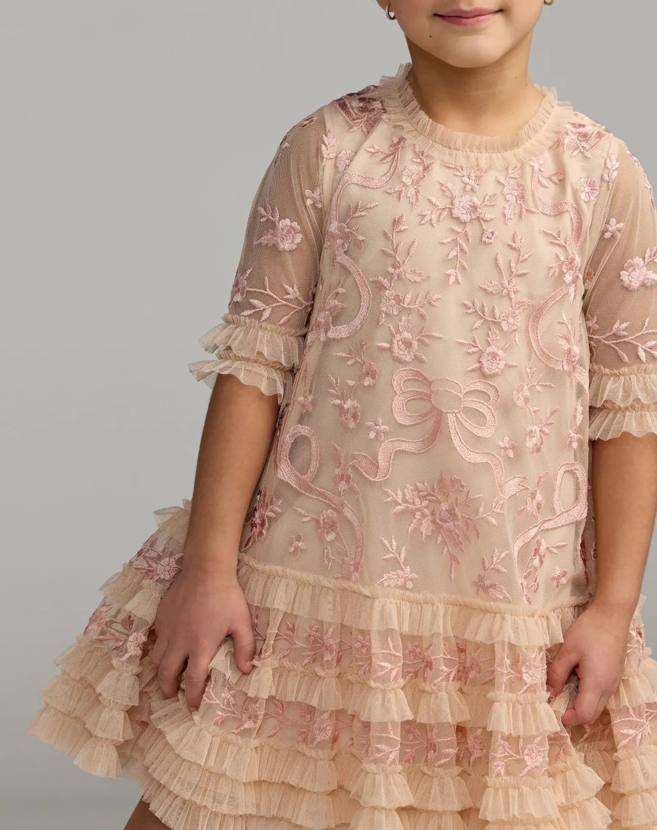 Girls Pink Micro Ruffle Embroidered Mini Dress