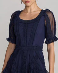 Navy Short Sleeve Micro Ruffle Midi Dress