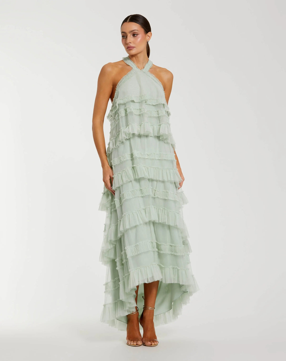 Green Tiered Ruffle Halter Neck Midi Dress