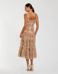 Beige Floral Printed Sleeveless Ruffle Midi Dress