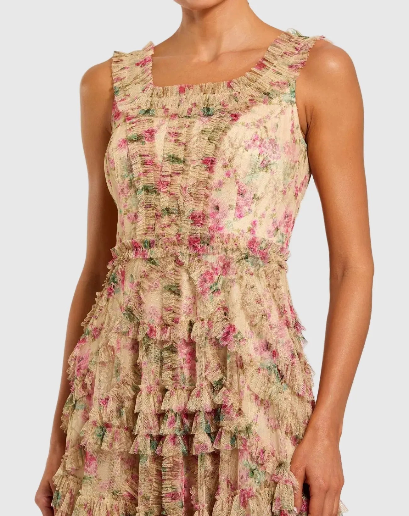 Beige Floral Printed Sleeveless Ruffle Midi Dress