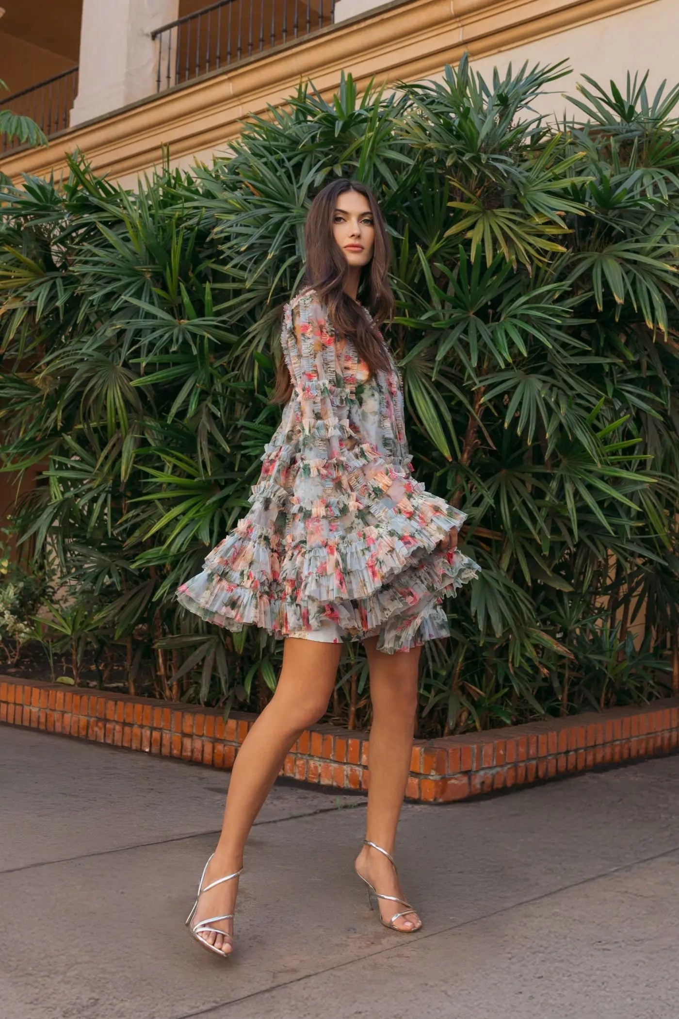 Blue Printed Mesh Ruffle High Neck Mini Dress