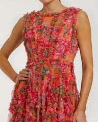 Orange Multicolor Micro Ruffle Floral A-Line Mini Dress