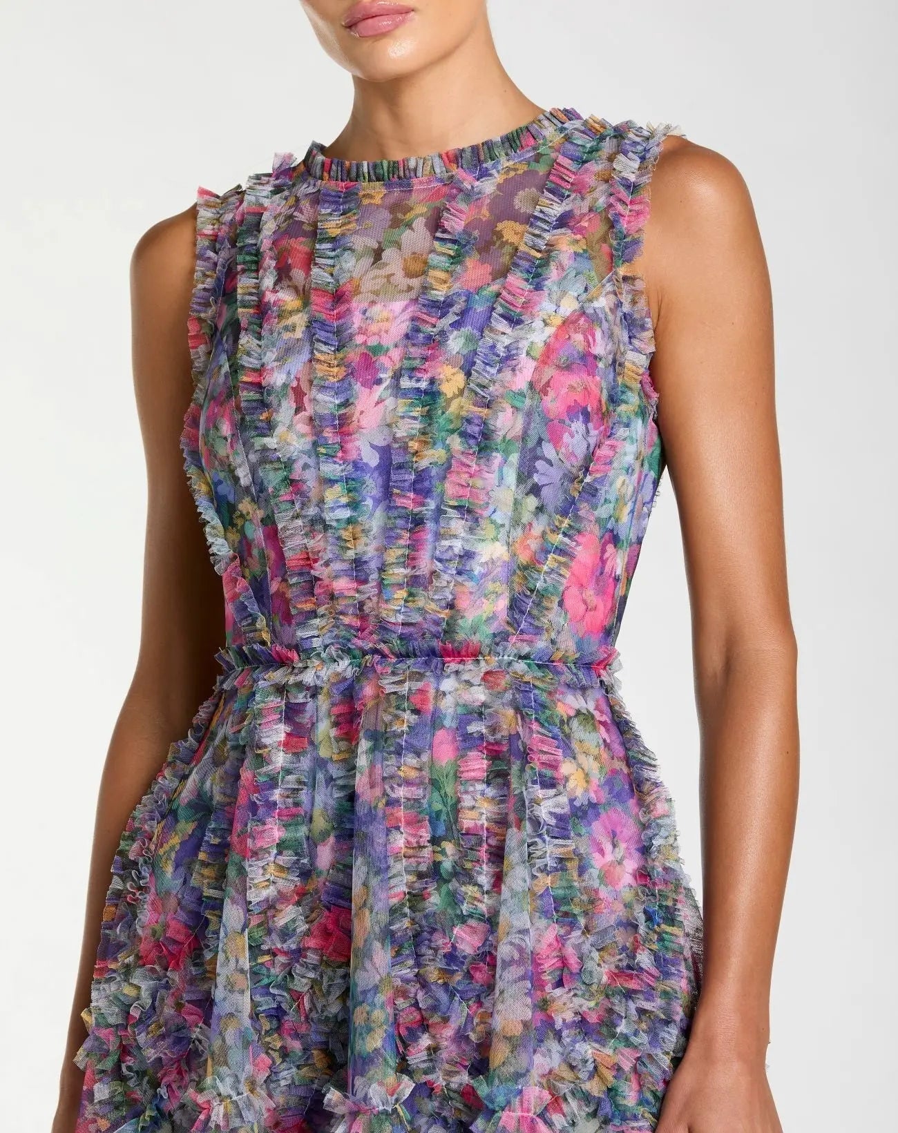 Purple Multicolor Micro Ruffle Floral A-Line Mini Dress