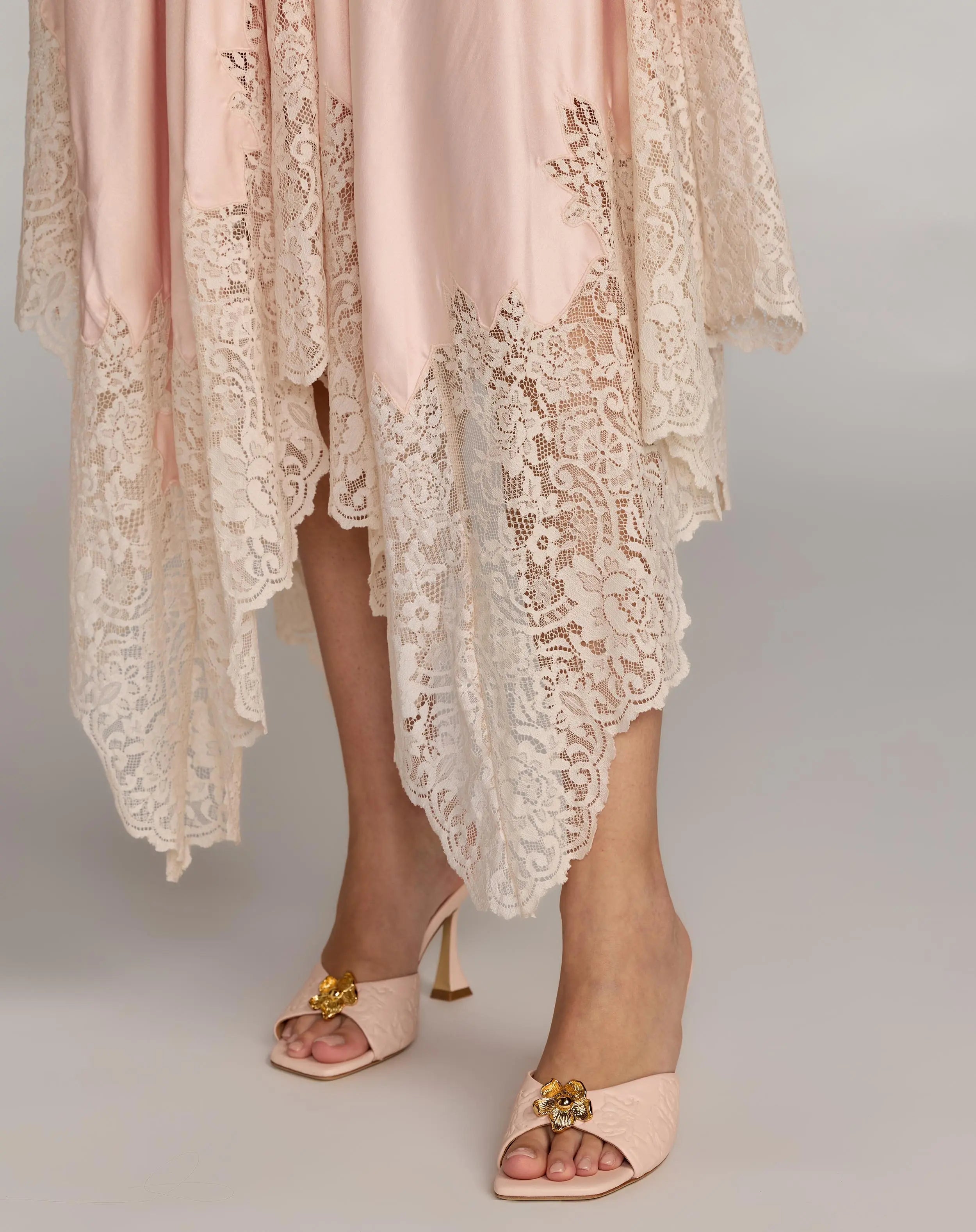 Light Pink Lace Trim Handkerchief Midi Dress