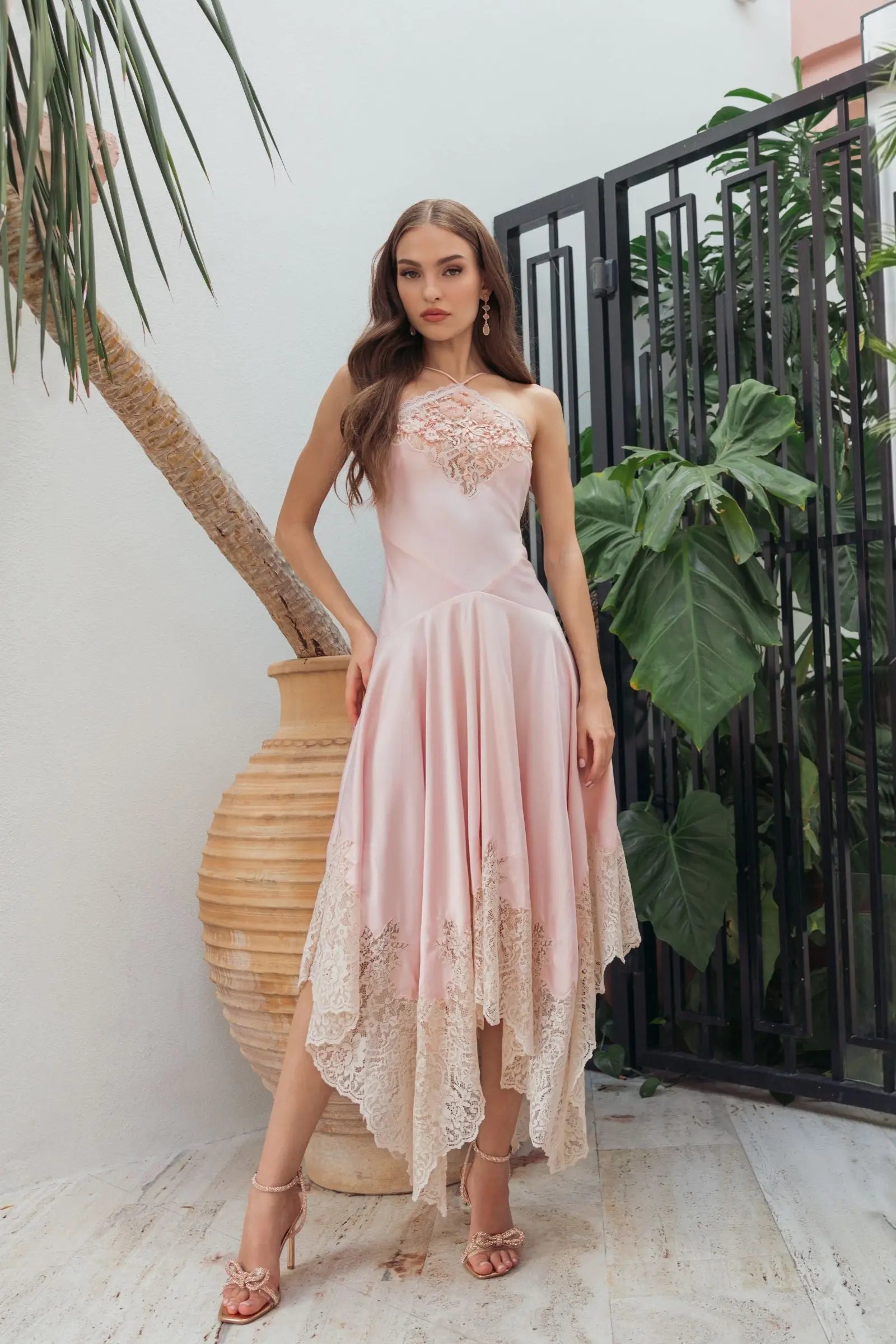 Light Pink Lace Trim Handkerchief Midi Dress
