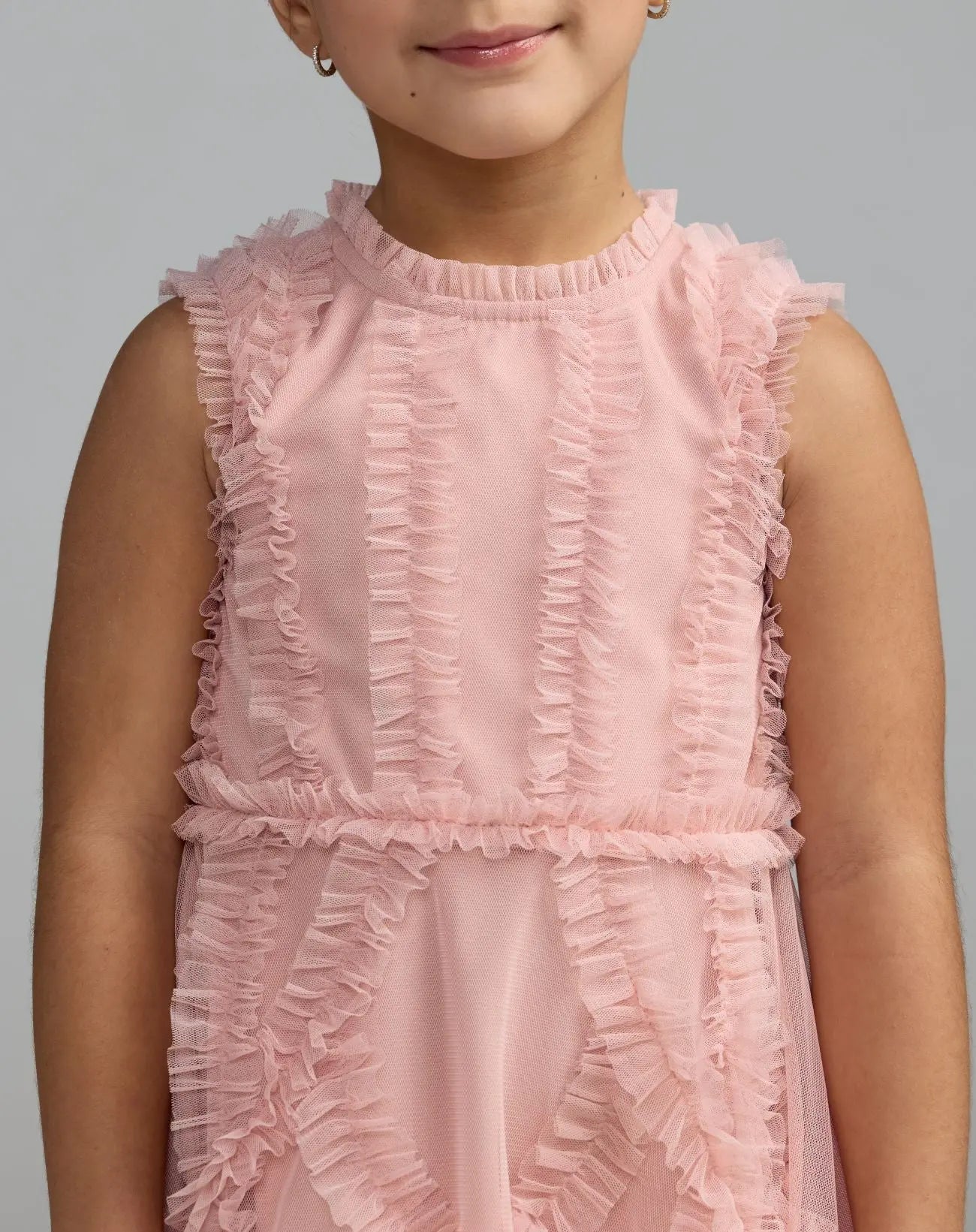 Girls Pink High Neck Sleeveless Micro Ruffle Mini Dress