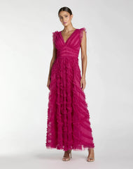 Pink V-Neck Cap Sleeve Ruffle Maxi Dress