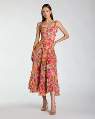 Multicolor Floral Scoop Neck A-Line Ruffle Midi Dress
