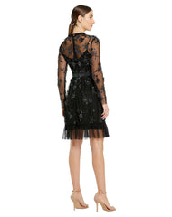 Black Sheer Long Sleeve Embellished Mini Dress