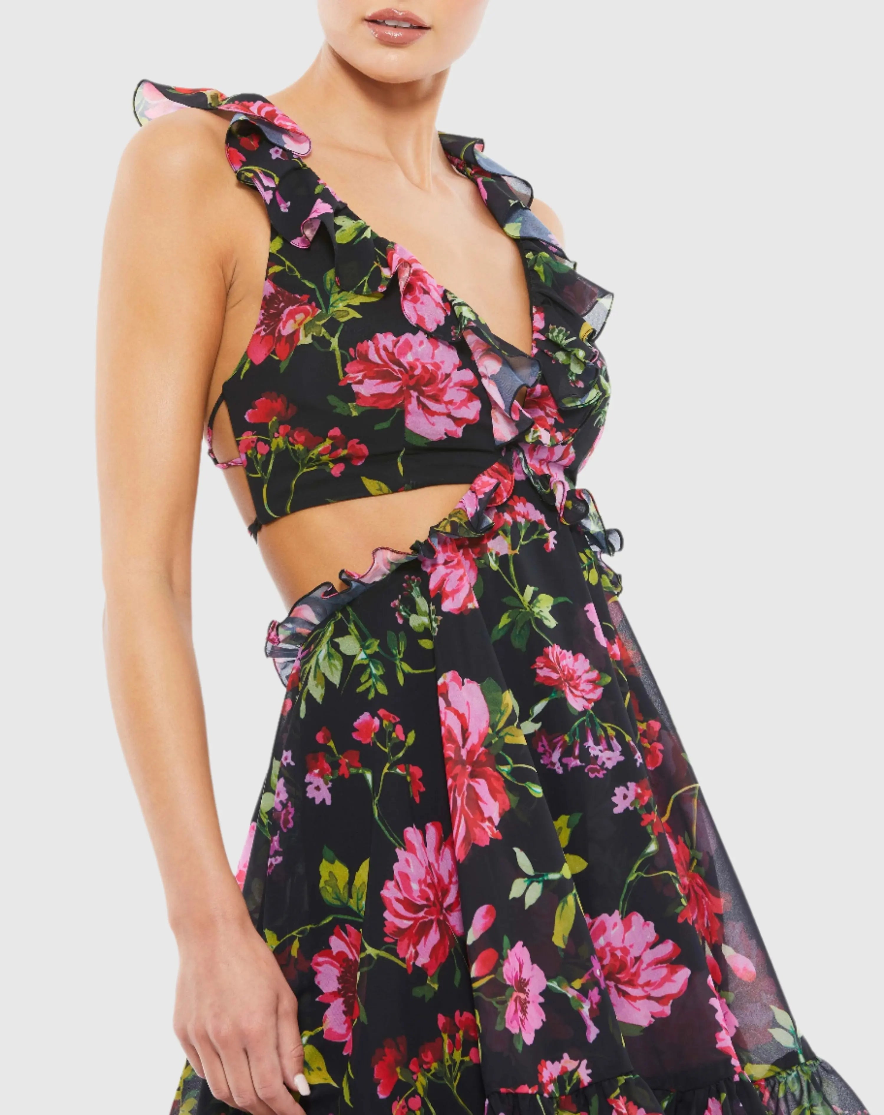 Black Ruffle Cut Out Lace Up Flowy Mini Dress