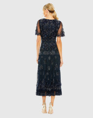 Navy Floral Embellished Flutter Sleeve Dress