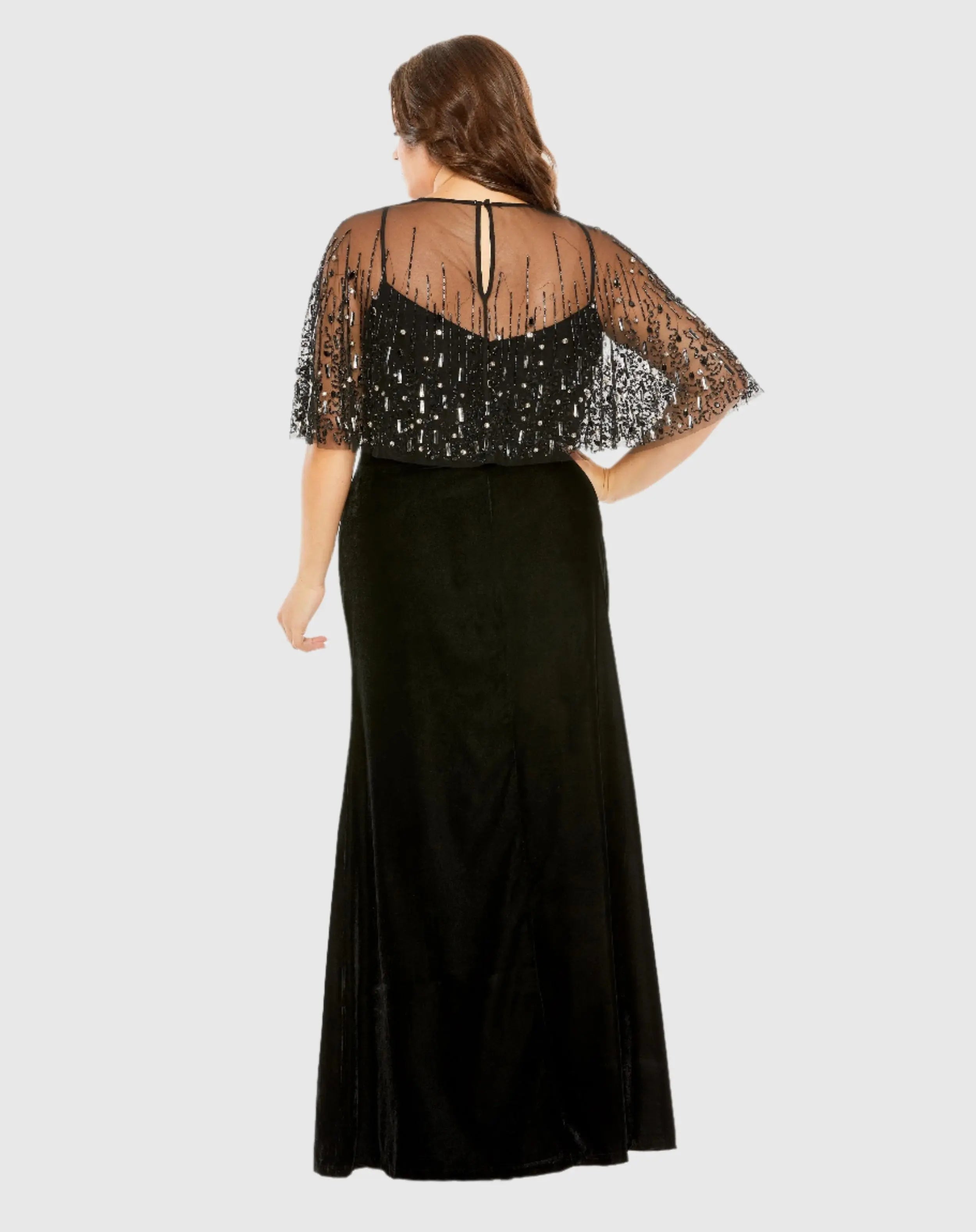 Black Velvet Trumpet Gown With Embellished Cape (Plus)