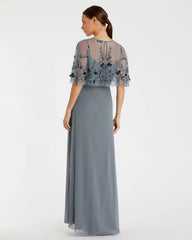 Gray Sleeveless Gown With Embellished Cape - FINAL SALE