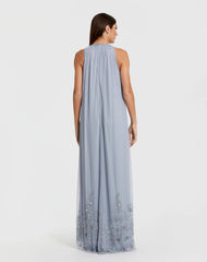 Blue High Neck Floral Embellished Trapeze Gown