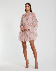 Pink Embellished Long Sleeve Trapeze Dress with Ruffle Hem