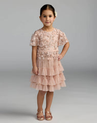 Girls Pink Embellished Flutter Sleeve Ruffle Gown