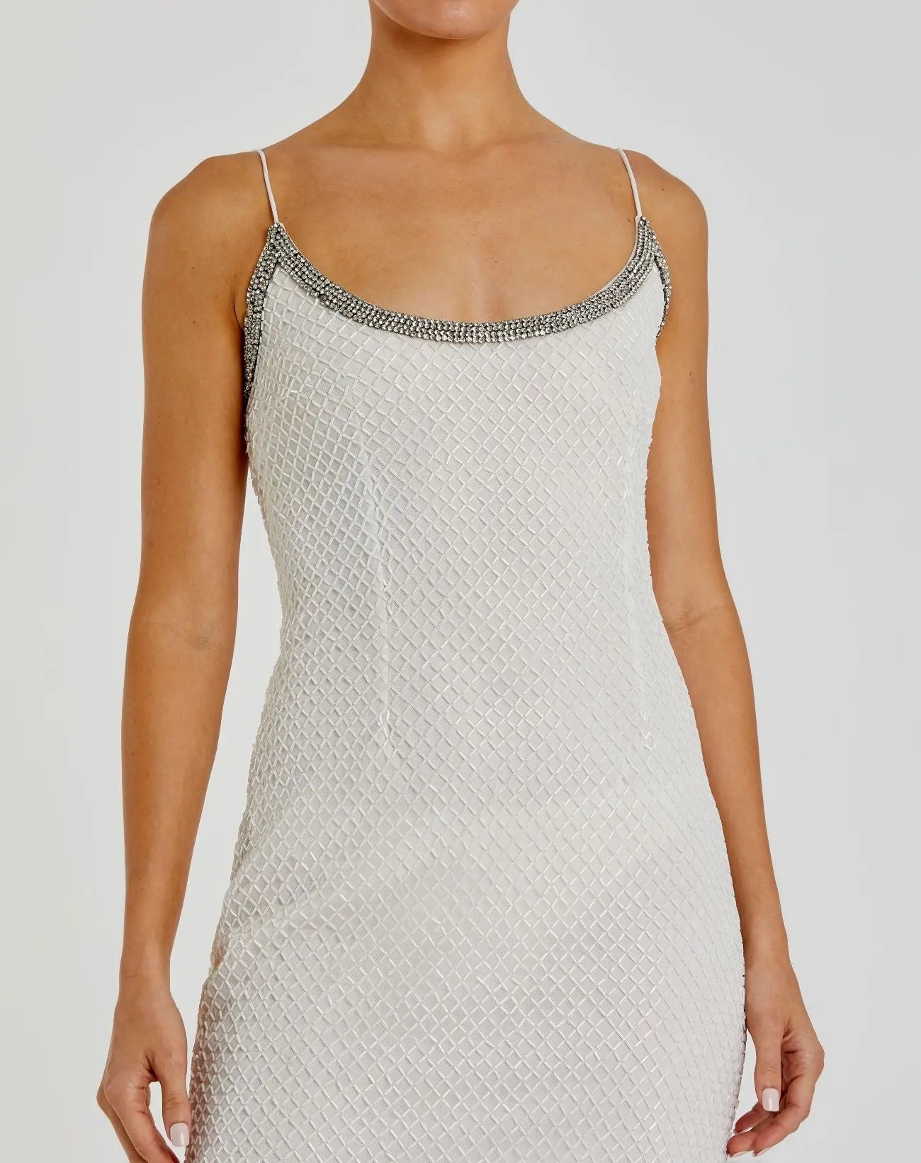 White Beaded Spaghetti Strap Column Gown