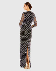 Black Long Sleeve Hand Beaded Crystal Rhinestone Gown - FINAL SALE