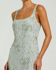 Green Scoop Neck Embellished Dress With Bow Detail