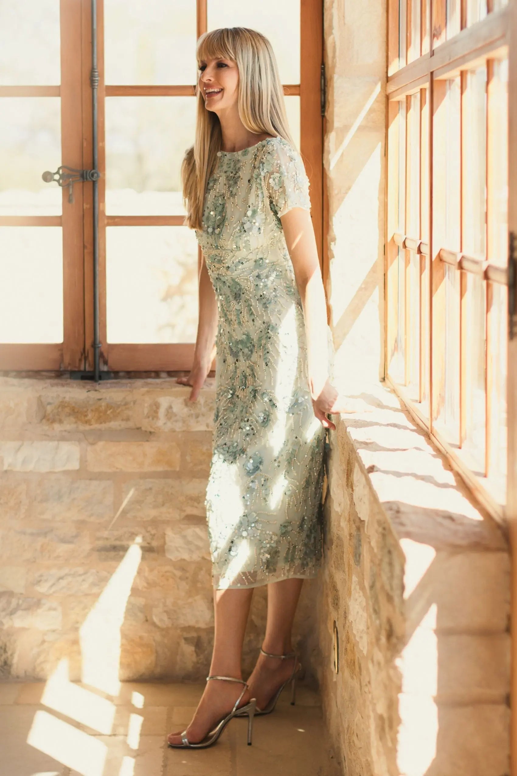 Green Embellished Cap Sleeve Midi Dress
