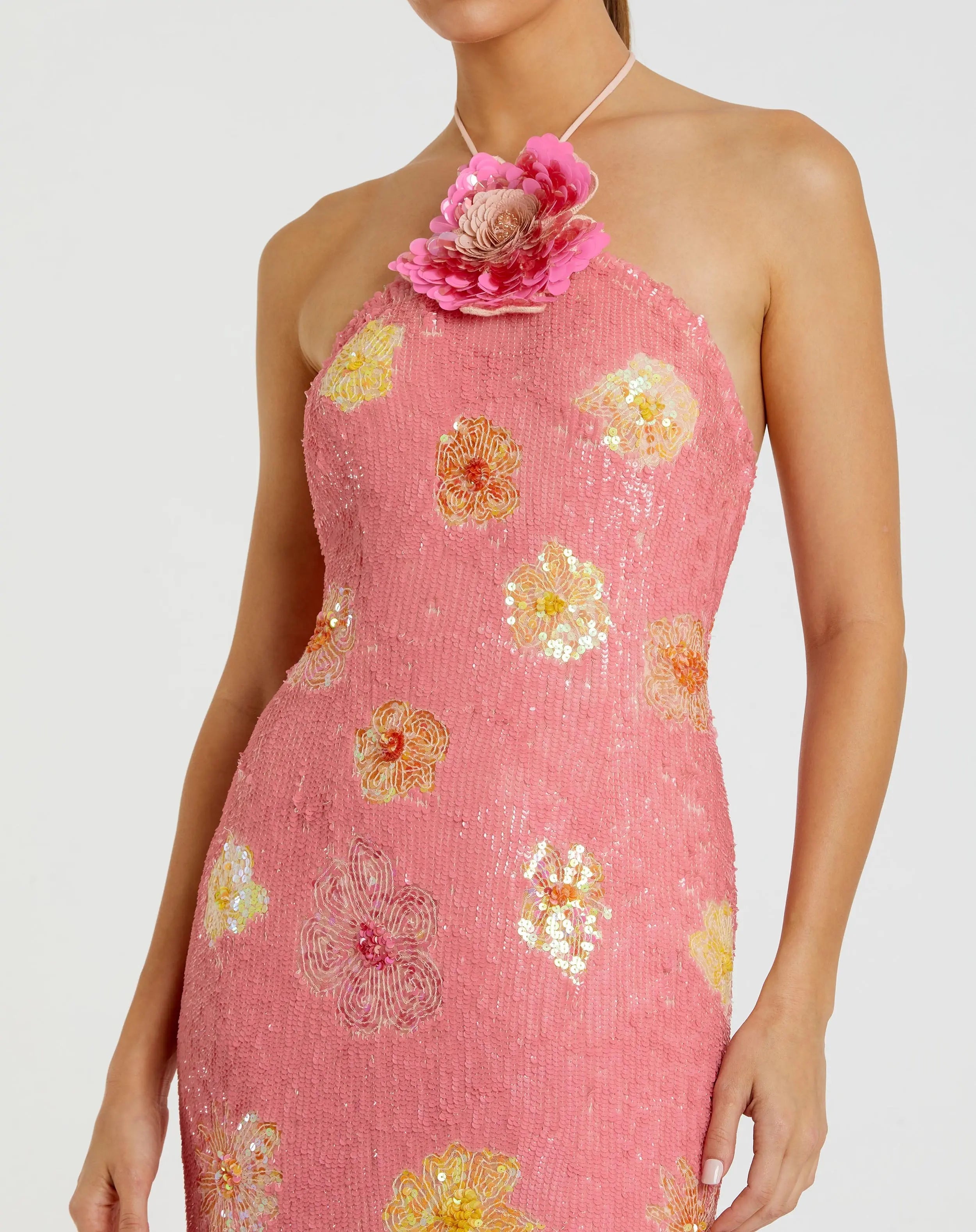 Pink Floral Beaded Halter Gown With 3D Flower